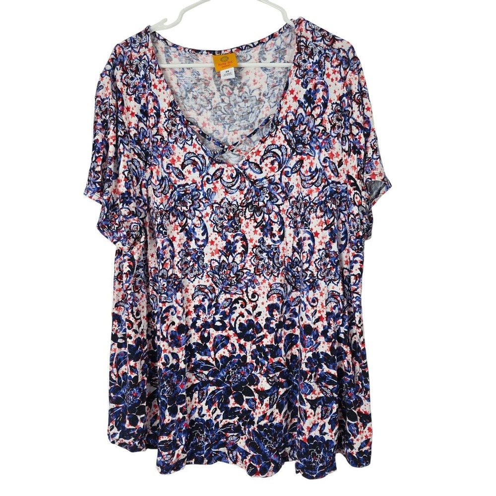 Ruby Rd Geometric Print Top 2x Womens Plus‎ Size V Neck Red White Blue Pullover